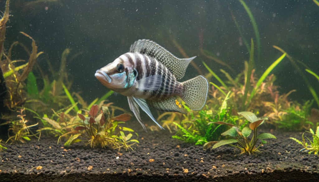 Altolamprologus calvus, also known as Black Calvus Cichlid, swimming gracefully in a freshwater aquarium.