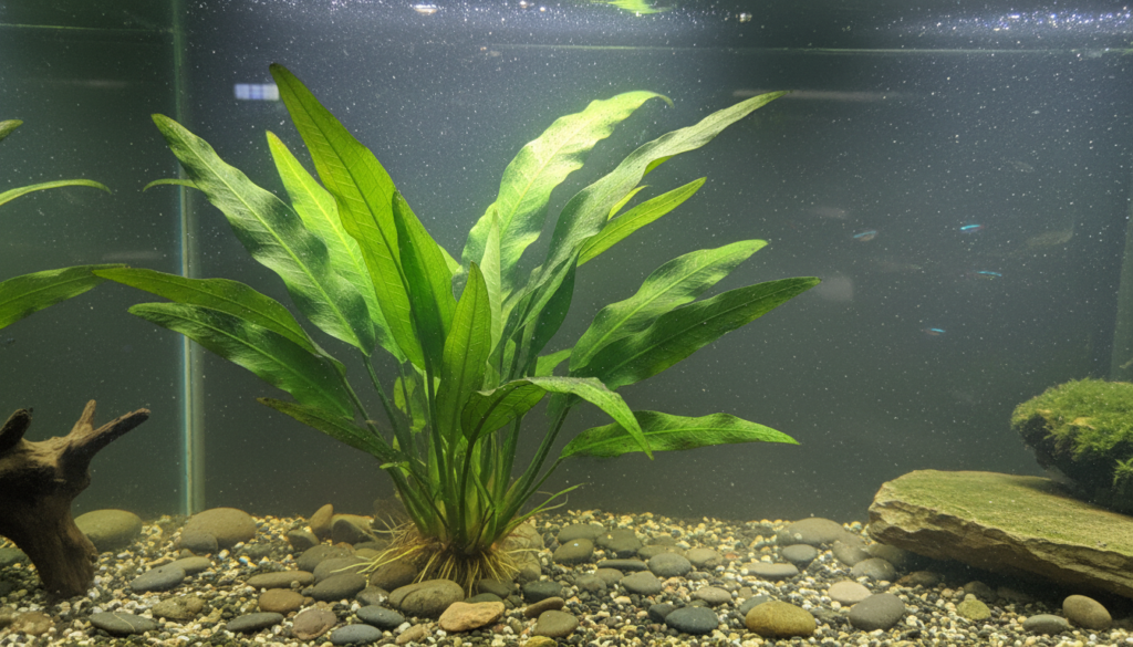 Vibrant Amazon Sword (Echinodorus spp.) thriving in a beautifully designed aquarium landscape.