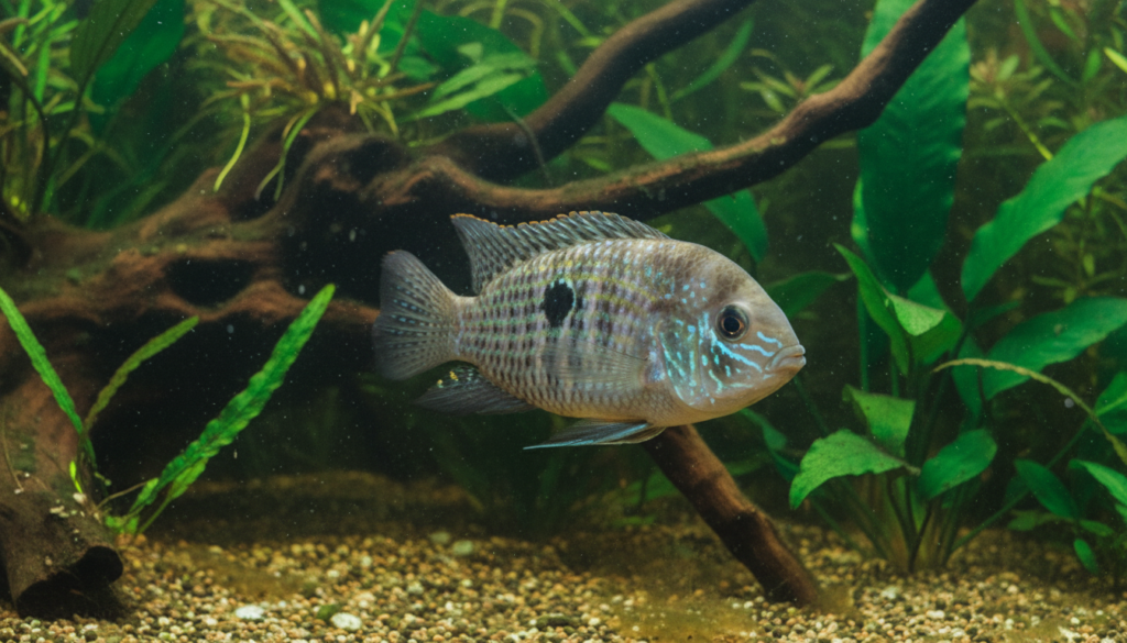 Vibrant Amazonia Acara species (Aequidens pulcher) swimming gracefully in a beautifully decorated aquarium.