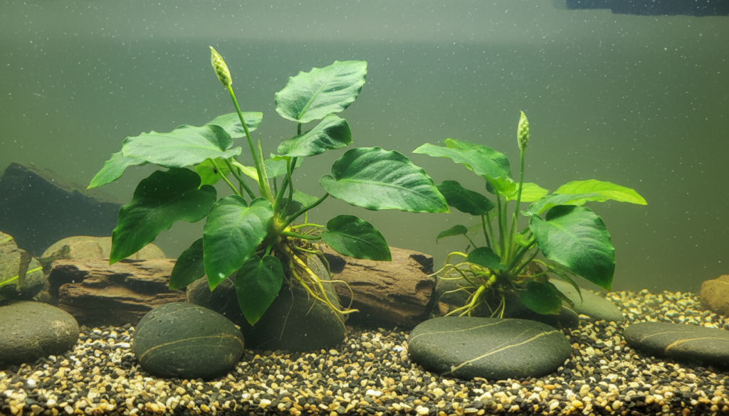 "Close-up of Anubias barteri, also known as water lily, thriving in a planted aquarium."
