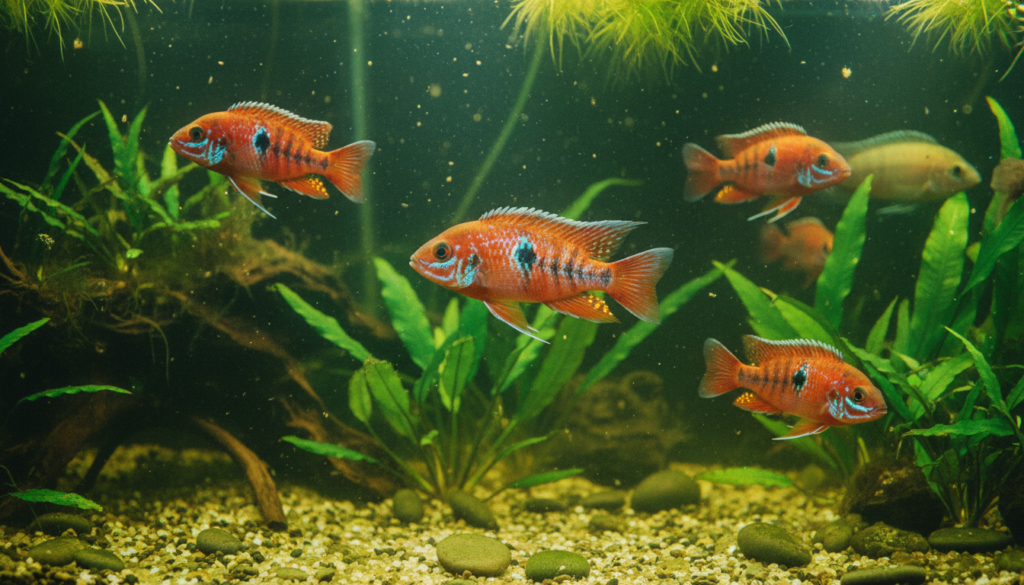 Vibrant Aulonocara (Peacock cichlids) swimming in a beautiful community aquarium setting.