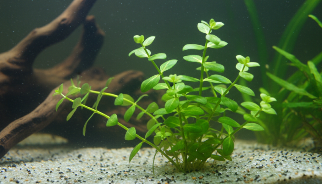 Healthy Bacopa caroliniana, or Carolina Waterhyssop, thriving in a freshwater aquarium setup.
