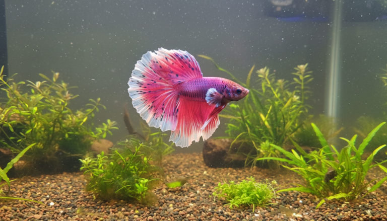 Vibrant Betta aquarium fish in a beautifully decorated aquarium, showcasing its stunning colors and fins.