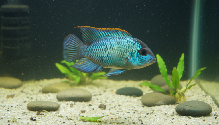 "Beautiful Blue Acara (Andinoacara pulcher) swimming in a colorful freshwater aquarium setup."