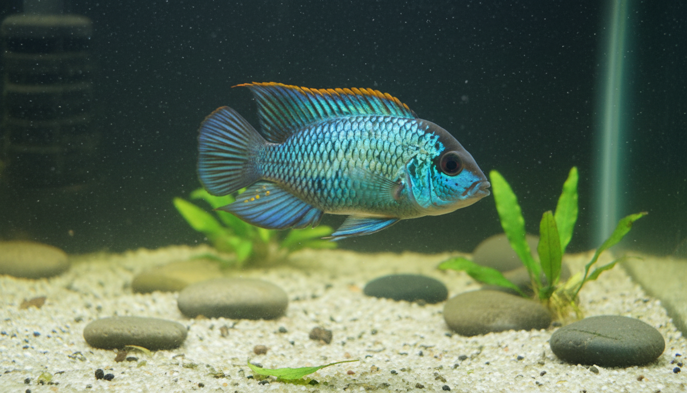 "Beautiful Blue Acara (Andinoacara pulcher) swimming in a colorful freshwater aquarium setup."