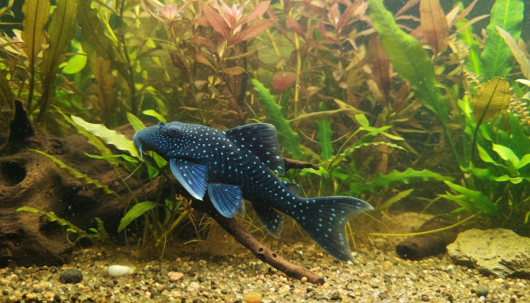 "Blue Phantom Pleco (Hemiancistrus sp.) swimming peacefully in a freshwater aquarium setting."