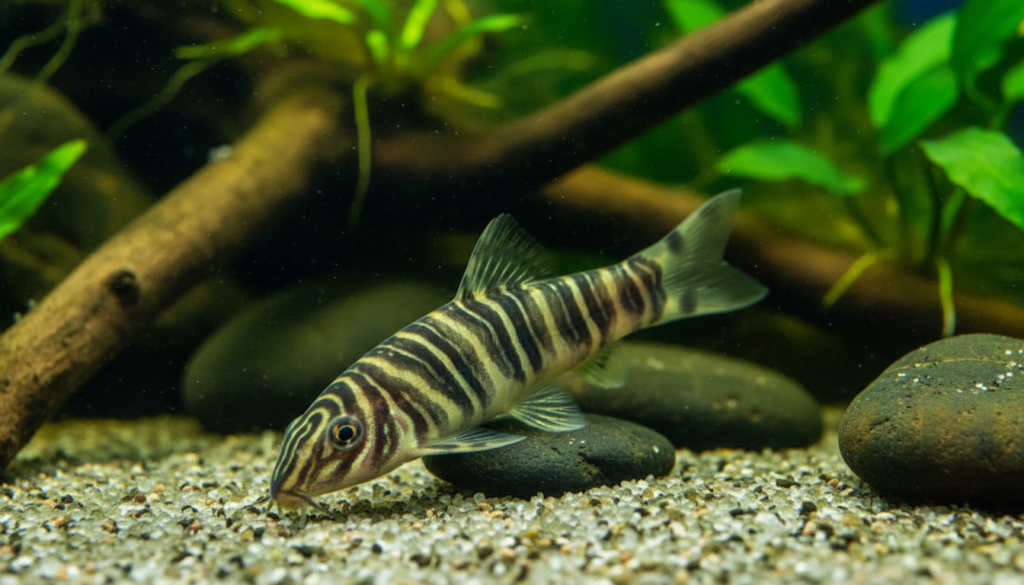 Botia striata (zebra loach) fish with striped pattern swimming in a freshwater aquarium.