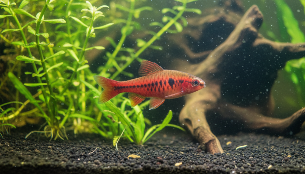 Colorful Cherry Barb (Puntius titteya) swimming gracefully in a vibrant freshwater aquarium setting.