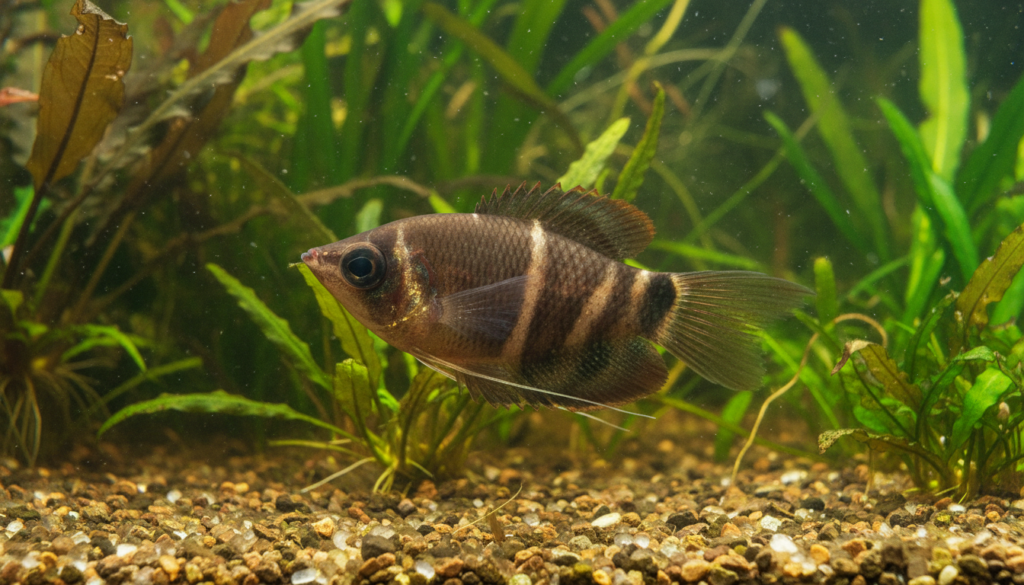 Chocolate Gourami (Sphaerichthys osphromenoides) swimming in a vibrant freshwater aquarium setting.