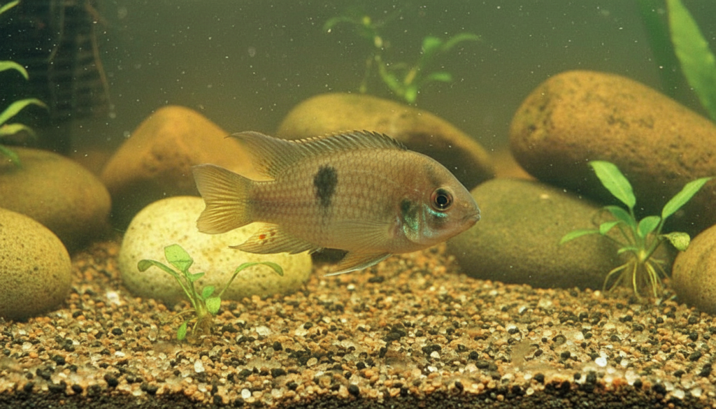 "Cleithracara maronii (Bystrous Acara) swimming gracefully in a vibrant aquarium setting."
