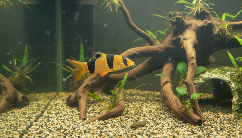 clown Loach species swimming in a beautiful planted aquarium