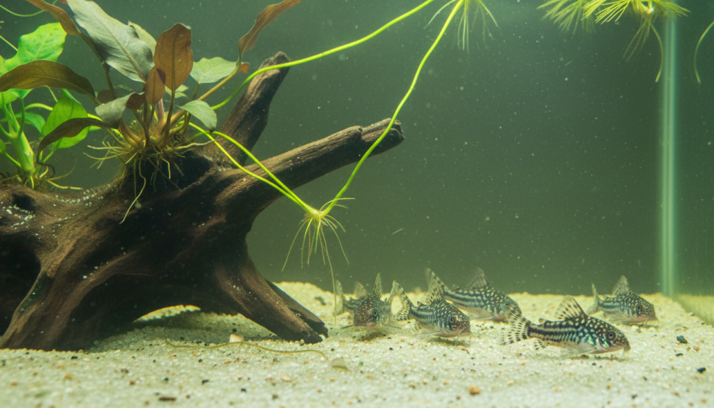 Corydoras Catfish (Corydoras spp.) swimming in a vibrant aquarium, showcasing their playful nature and unique patterns.