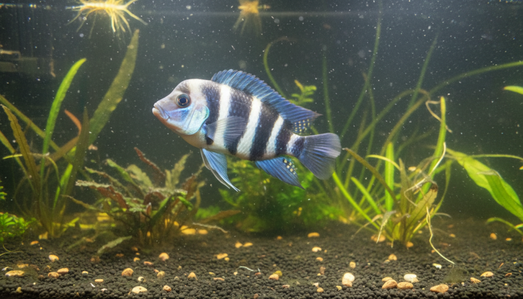 Cyphotilapia frontosa (Frontosa) swimming in a vibrant aquarium habitat with rocky decor.