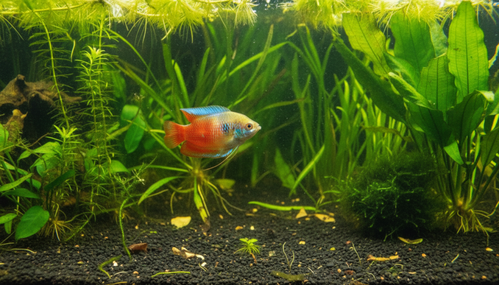 Dwarf Gourami (Trichogaster lalius) swimming in a vibrant aquarium, showcasing its colorful fins and peaceful nature.