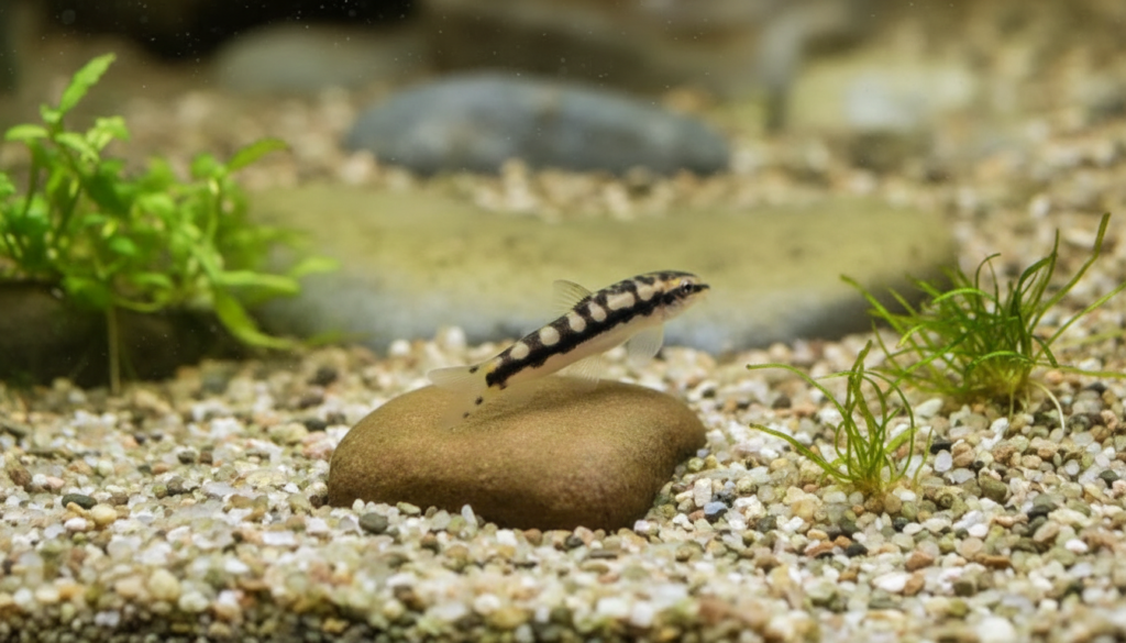 Tiny dwarfchain Loach swimming ariund rocks in a planted tank