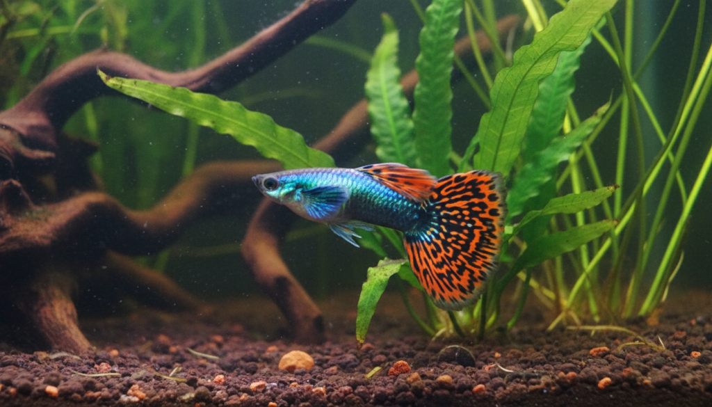 "Vibrant Fancy Tail Guppy (Poecilia reticulata) swimming gracefully in a colorful aquarium setting."