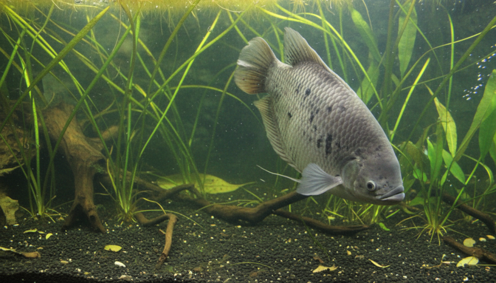Giant Gourami (Osphronemus goramy) swimming gracefully in a vibrant aquarium setting.