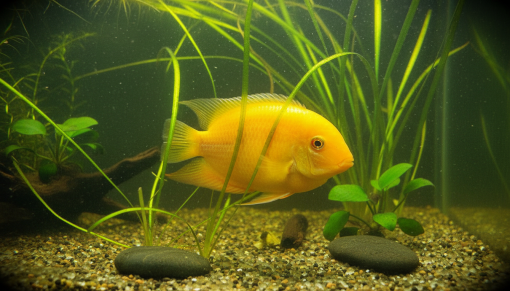 "Gold Acara (Astronotus ocellatus), a selectively bred variant, showcasing vibrant colors in a freshwater aquarium."