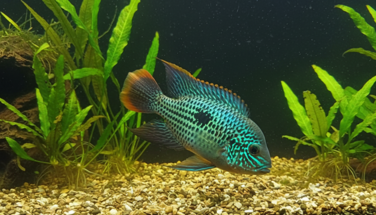 Vibrant Green Terror (Andinoacara rivulatus) acara species in a lush aquarium environment showcasing freshwater beauty.