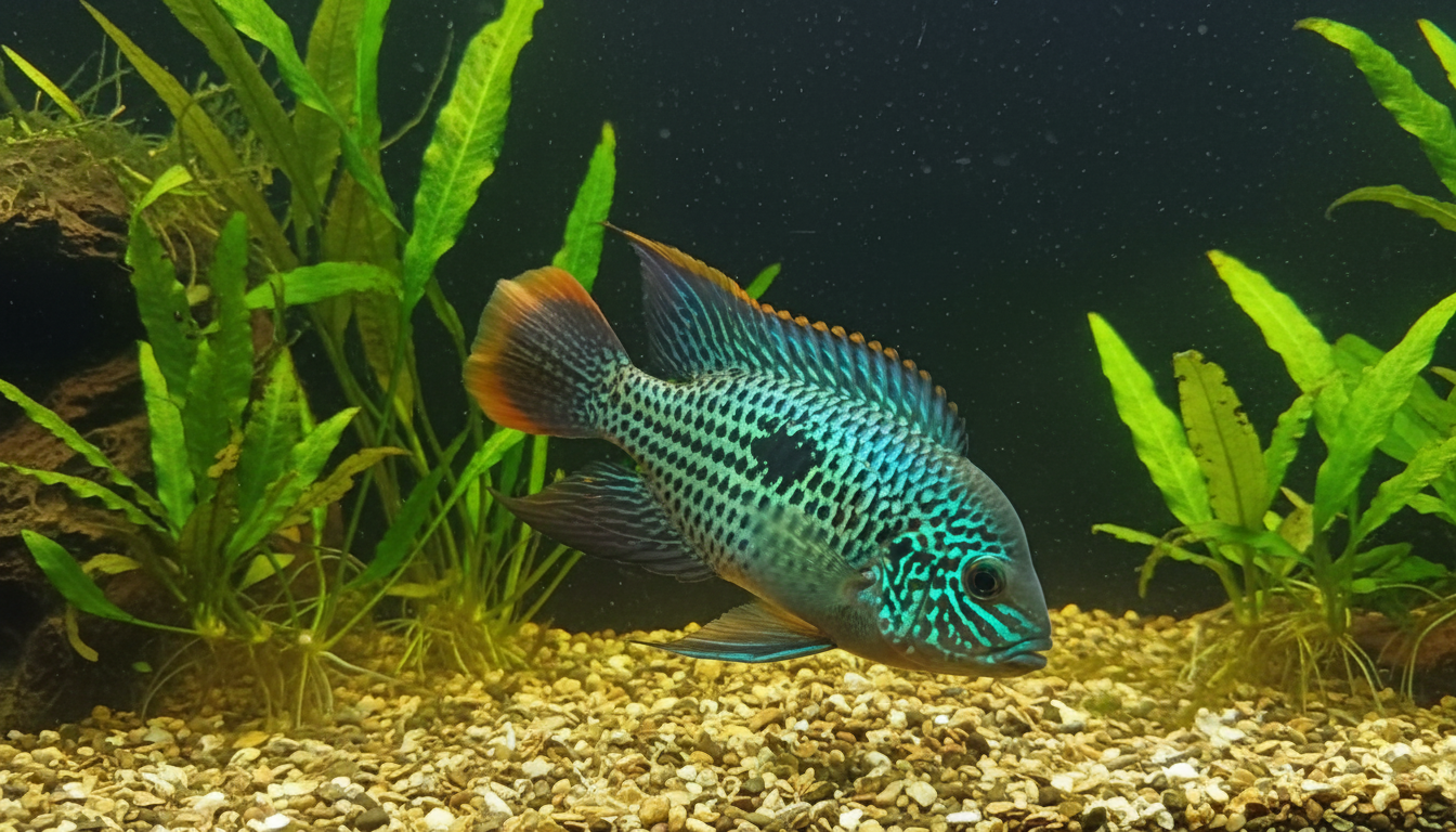 Vibrant Green Terror (Andinoacara rivulatus) acara species in a lush aquarium environment showcasing freshwater beauty.