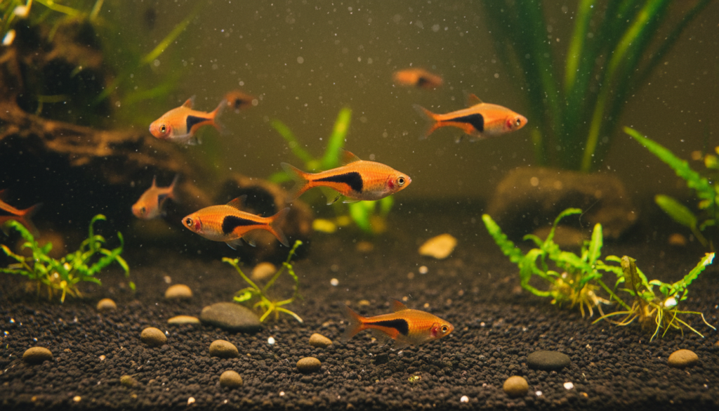 "Harlequin Rasbora (Trigonostigma heteromorpha) swimming in a vibrant freshwater aquarium setting."