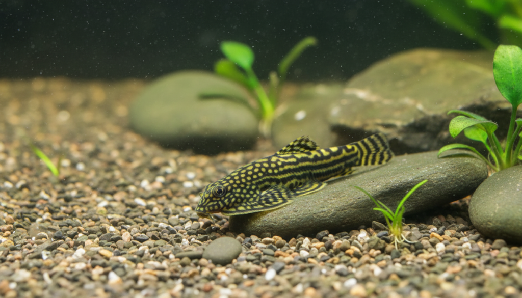 "Close-up of Hillstream Loach (Gastromyzon spp.) in a vibrant aquarium habitat, showcasing its unique features."