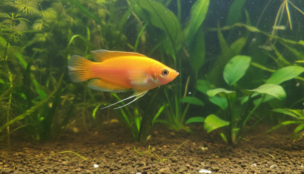 A vibrant Honey Gourami (Trichogaster chuna) swimming gracefully in a lush aquarium setting.