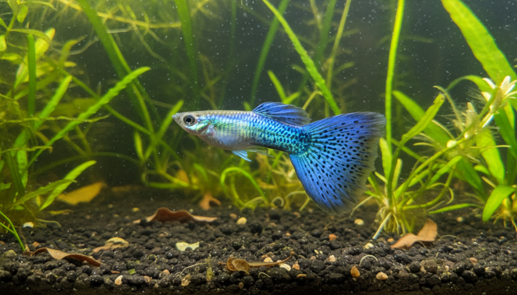 Vibrant Japanese Blue Guppy (Poecilia reticulata) swimming gracefully in a well-maintained aquarium.