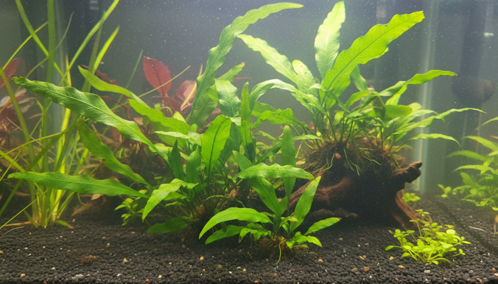 "Java Fern (Microsorum pteropus) thriving in a vibrant aquarium, perfect for freshwater fish habitats."