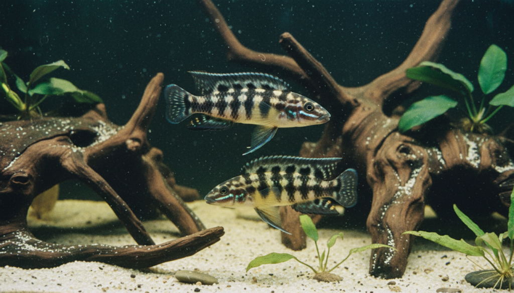 Julidochromis (Julies) swimming gracefully in a vibrant aquarium, showcasing their colorful beauty.
