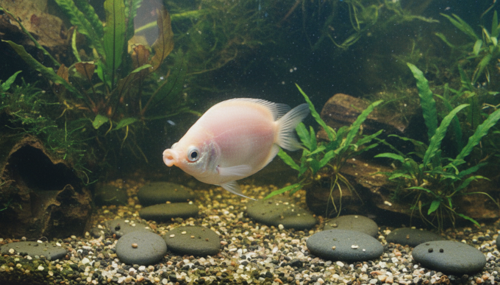 Kissing Gourami (Helostoma temminckii) swimming gracefully in a vibrant home aquarium setting.