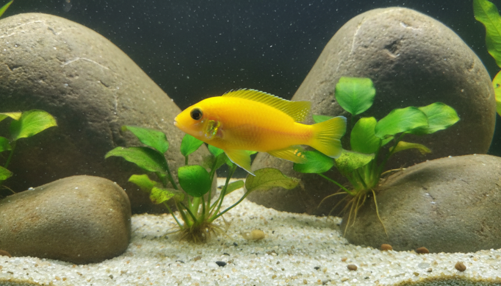 Vibrant Labidochromis caeruleus (Electric Yellow) swimming in a colorful home aquarium display.