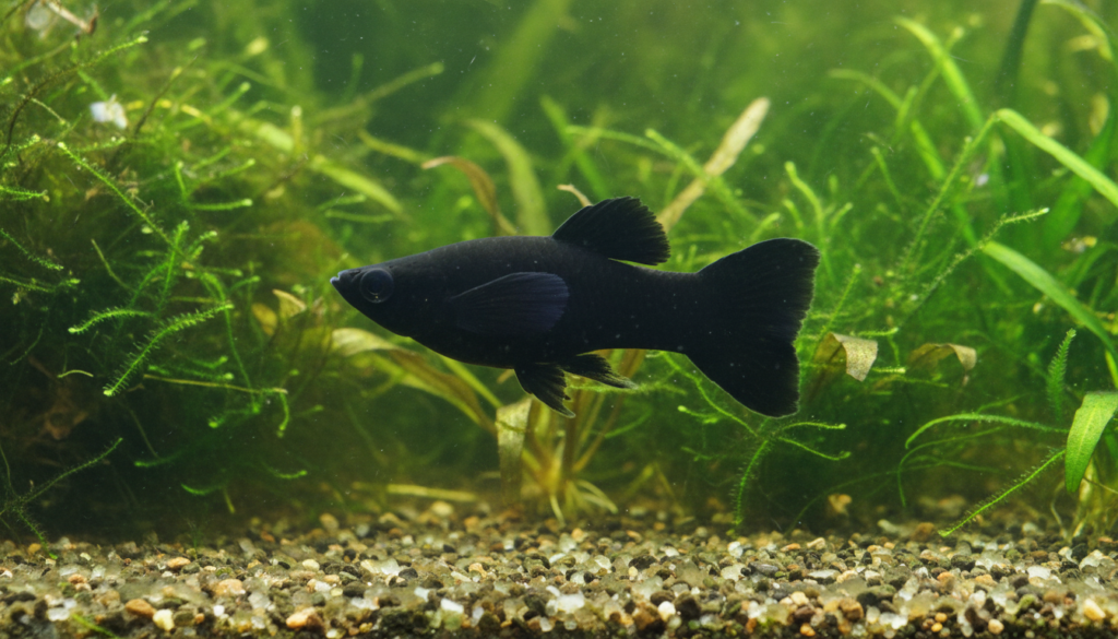 Colorful Molly fish (Poecilia sphenops) swimming in a vibrant aquarium setup.