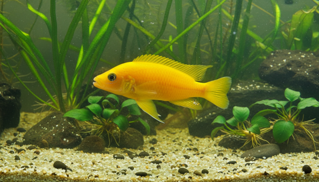 Vibrant Neolamprologus leleupi (Lemon Cichlid) swimming in a decorative aquarium setup.