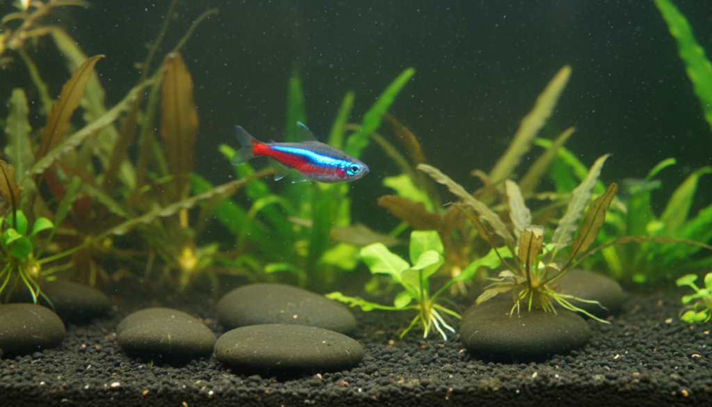 Vibrant Neon Tetra (Paracheirodon innesi) swimming in a beautifully decorated aquarium environment.