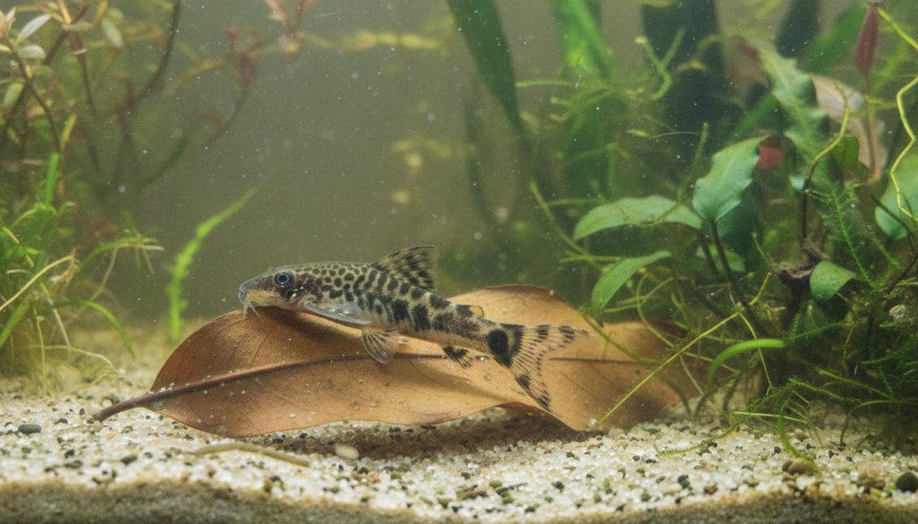 Otocinclus Catfish (Otocinclus spp.) swimming happily in a vibrant aquarium setup, enhancing the aquatic environment.