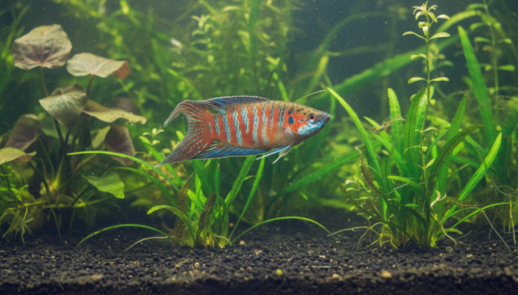 Beautiful Paradise Gourami (Macropodus opercularis) swimming gracefully in a vibrant home aquarium setting.
