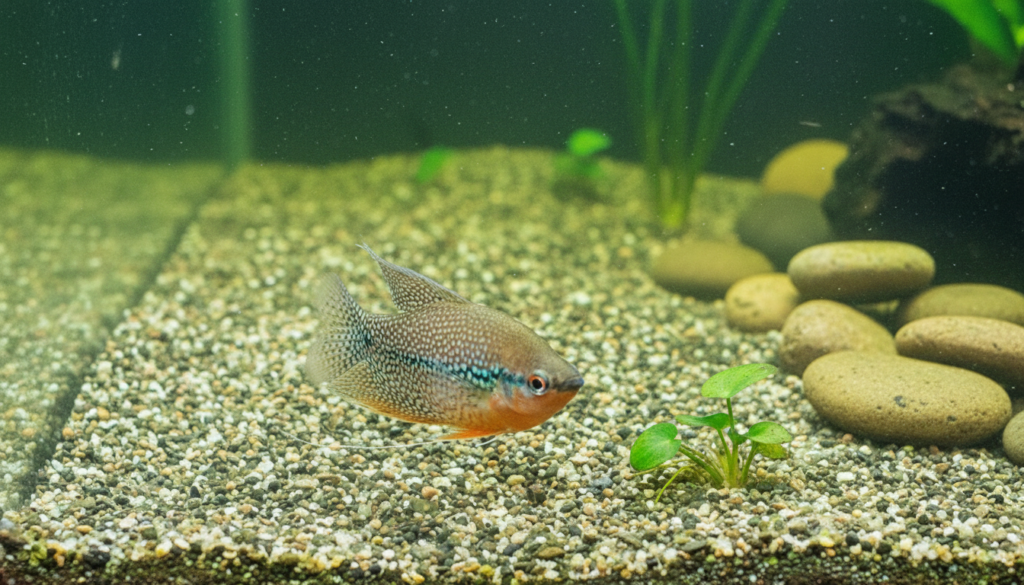 "Beautiful Pearl Gourami (Trichopodus leerii) swimming gracefully in a lush home aquarium setting."