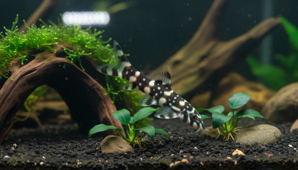 Colorful PenguinYoYo Loach (Botia kubotai) swimming in a vibrant freshwater aquarium setting.