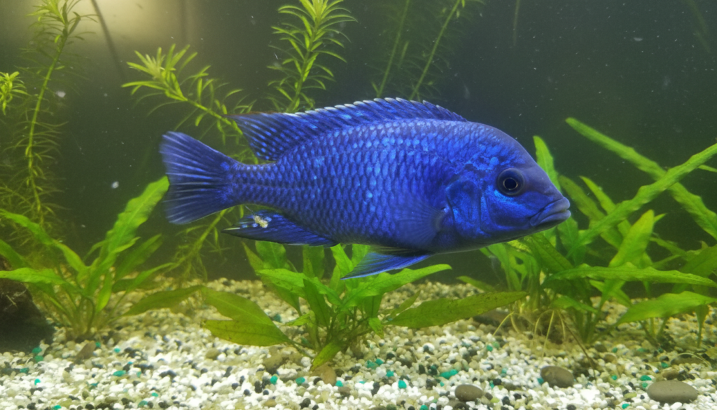 Vibrant Placidochromis phenochilus (Phenochilus) swimming in a colorful freshwater aquarium environment.
