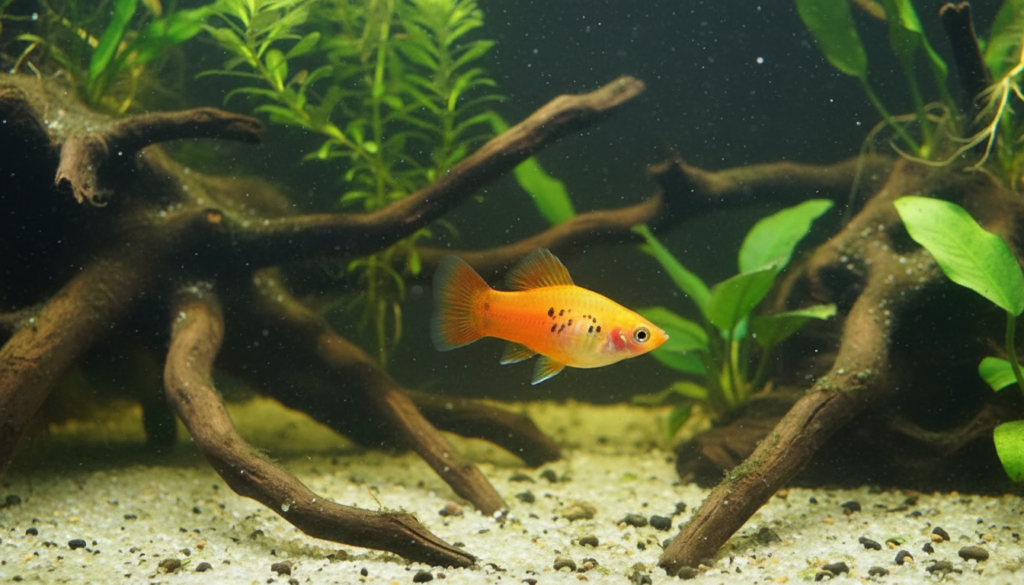 Colorful Platy (Xiphophorus maculatus) swimming in a vibrant aquarium display, showcasing its lively nature.