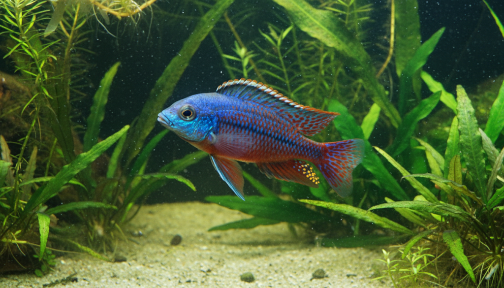 A vibrant Protomelas taeniolatus (Red Empress) swimming in a beautifully decorated aquarium habitat.