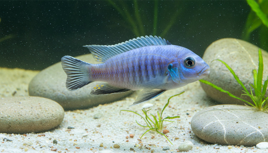 Vibrant Pseudotropheus socolofi (Socolofi Mbuna) swimming in a freshwater aquarium habitat.
