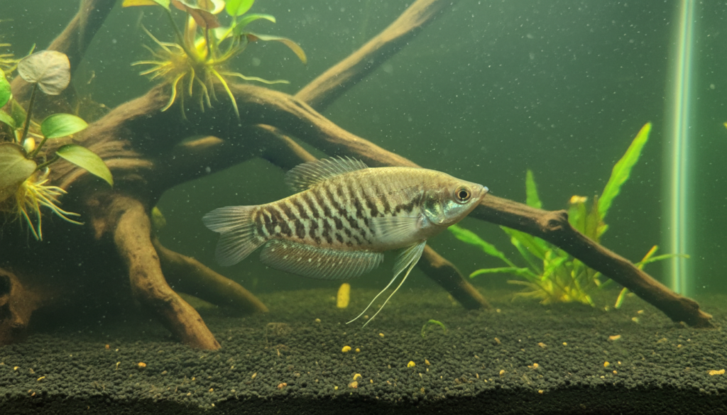 "Snakeskin Gourami (Trichopodus pectoralis) swimming gracefully in a vibrant aquarium environment."