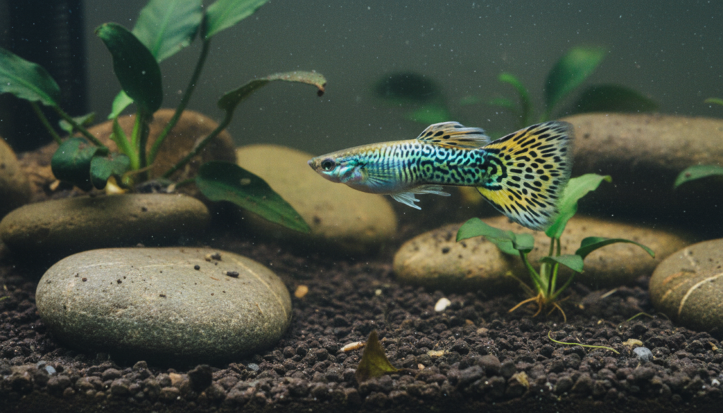 Vibrant Snakeskin Guppy (Poecilia reticulata) swimming gracefully in a colorful aquarium habitat.