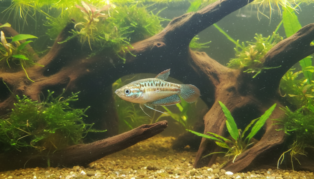 Image of Sparkling Gourami (Trichopsis pumila) swimming gracefully in a vibrant aquarium habitat.
