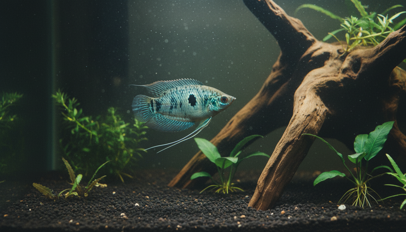 Three-spot Blue Gourami Species (Trichopodus trichopterus) swimming gracefully in a vibrant aquarium setting.