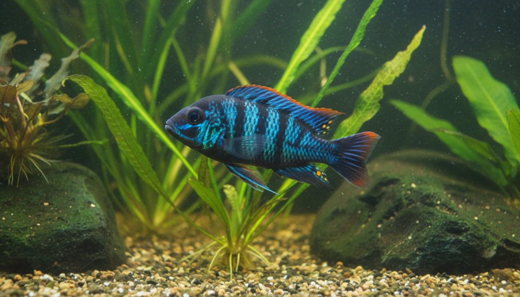 Aquarium showcasing Tropheus moorii, commonly known as the moorii cichlid, in a vibrant underwater setting.
