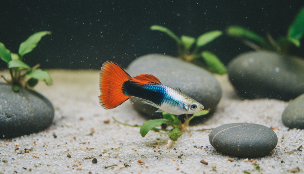 Tuxedo Guppy (Poecilia reticulata) swimming gracefully in a vibrant aquarium habitat.
