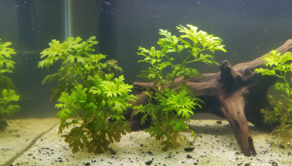 "Water Wisteria (Hygrophila difformis) thriving in an aquarium, showcasing lush green foliage and vibrant growth."